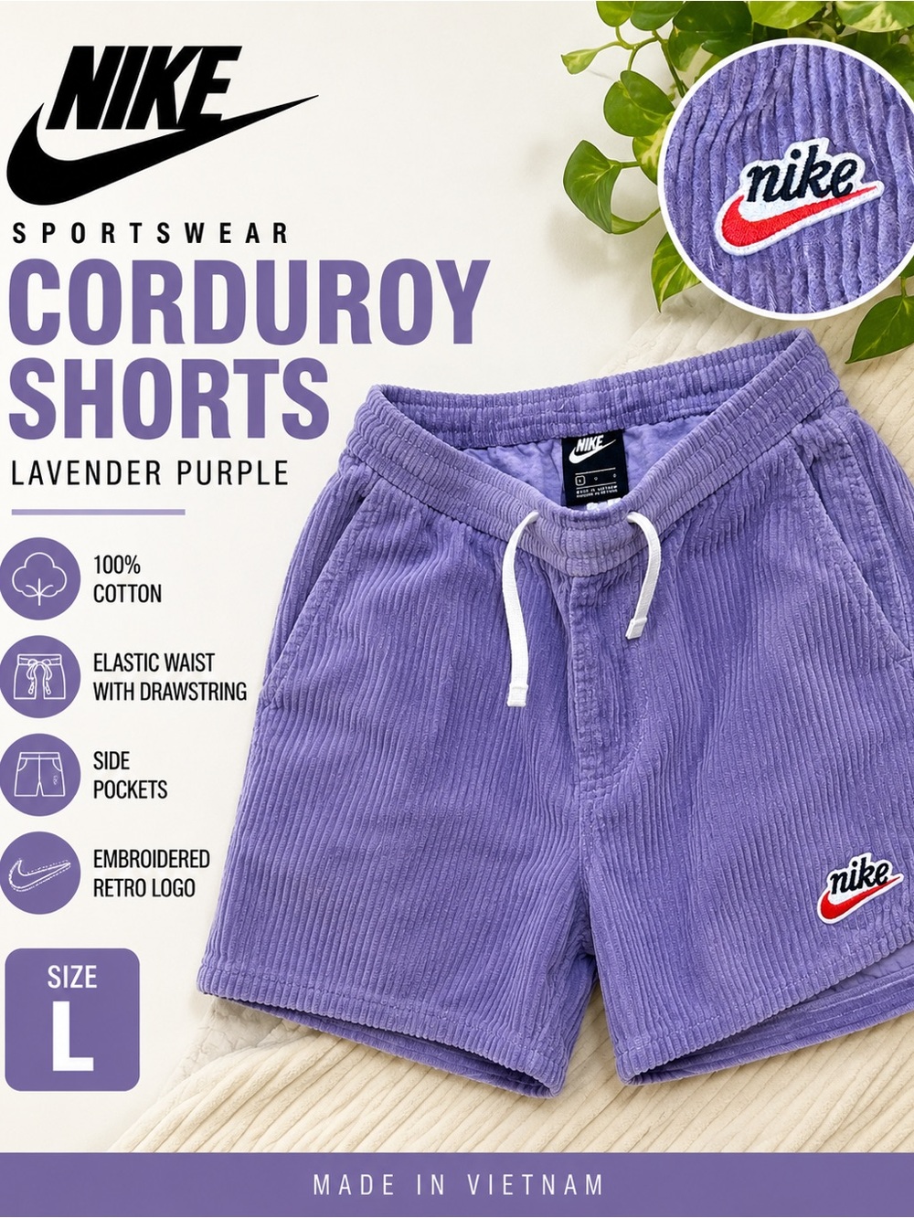 Nike Sportswear Lavender /Purple Corduroy Drawstring Shorts SZ Large